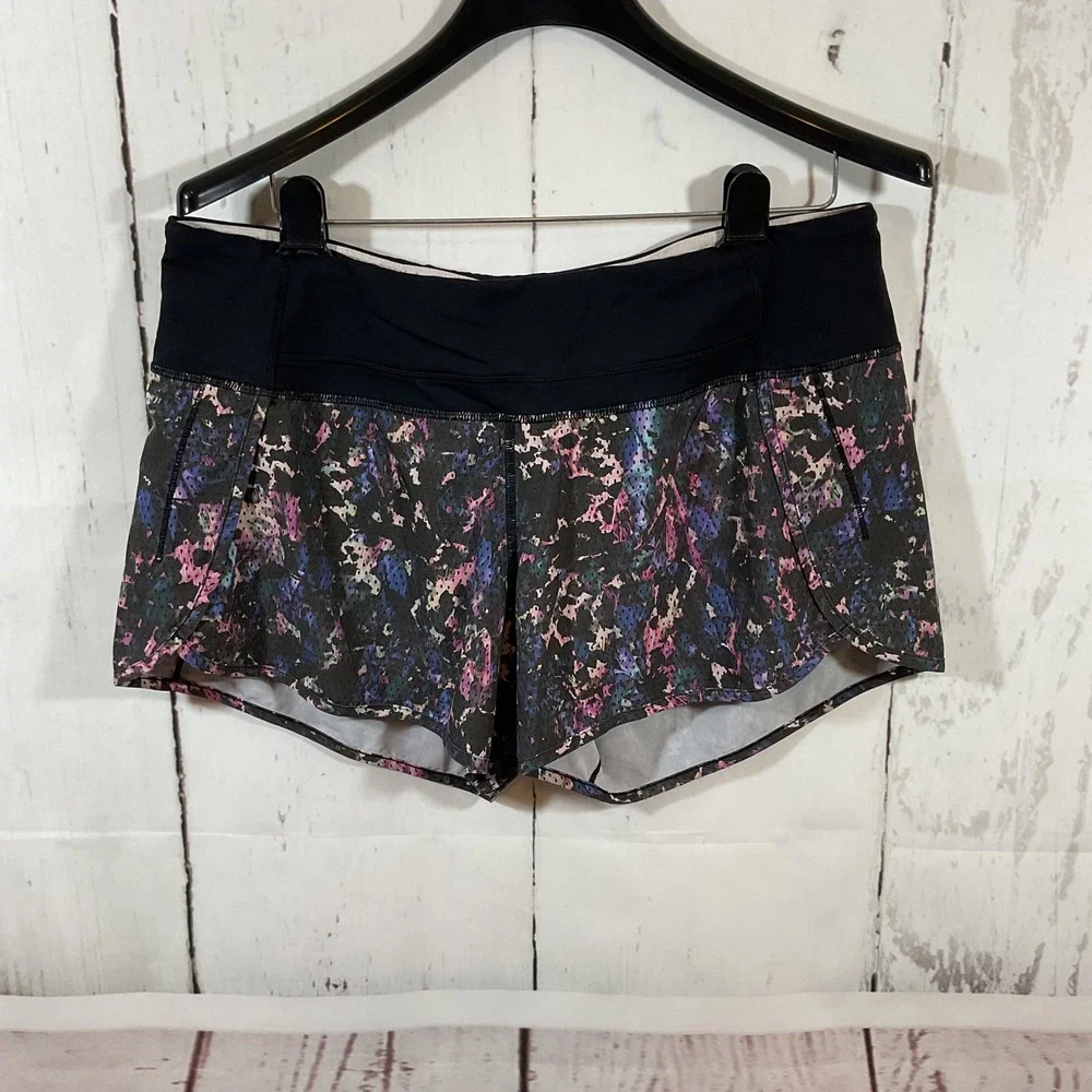 Lululemon Run Times Running Shorts Women 10 Floral Sport Black Multi‎ Print Gym